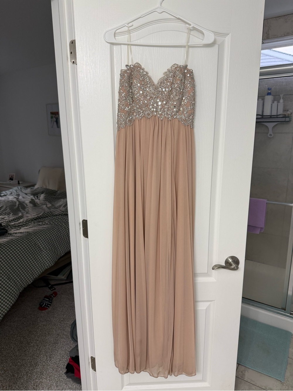 Sequin Hearts Strapless Nude Evening Gown with Beaded Bodice